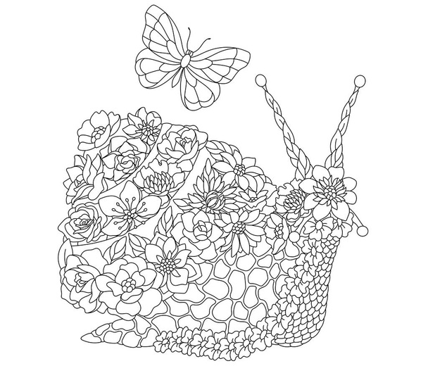Floral adult coloring book page. Fairy tale snail. Ethereal animal consisting of flowers, leaves and butterflies - Vektor, obrázek