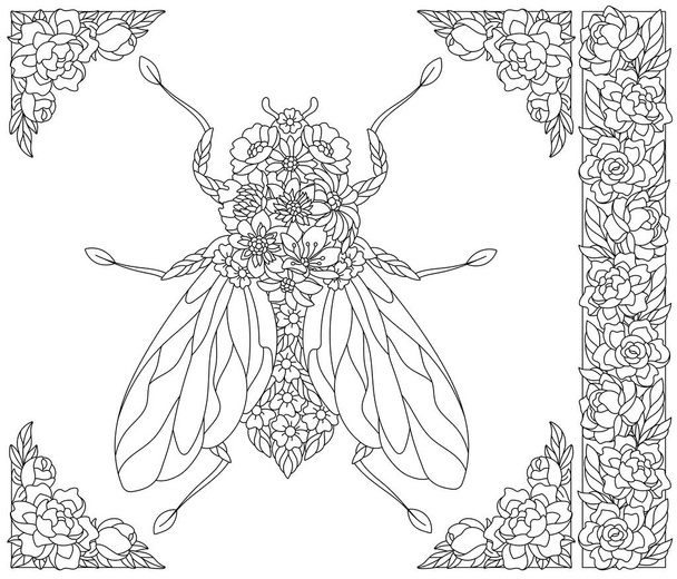 Adult coloring book page. Floral fly. Ethereal animal consisting of flowers and leaves - Vecteur, image