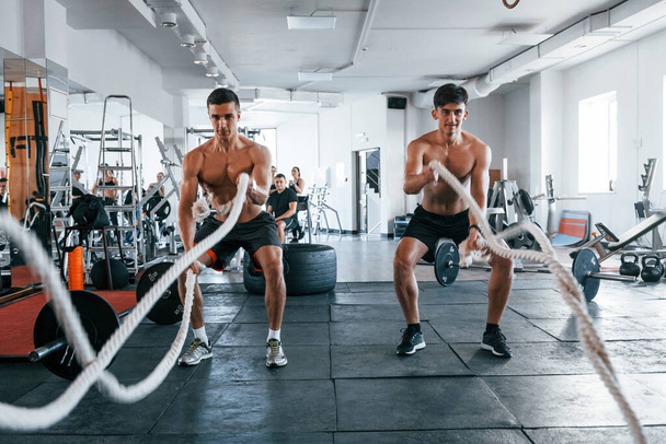 Young people with sportive body shapes doing crossfit by using knots. - Fotoğraf, Görsel