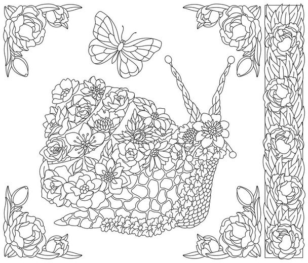 Adult coloring book page. Floral snail. Ethereal animal consisting of flowers, leaves and butterflies - Вектор,изображение
