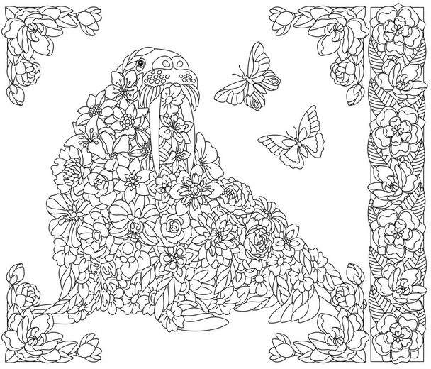Adult coloring book page. Floral walrus. Ethereal animal consisting of flowers, leaves and butterflies - Вектор,изображение