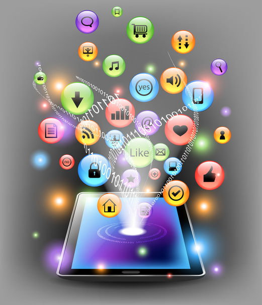 Computer-Tablet mit Internet-Symbolen - Vektor, Bild