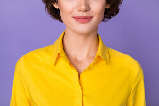 Cropped photo of nice millennial teacher lady wear yellow outfit isolated on violet color background - Φωτογραφία, εικόνα