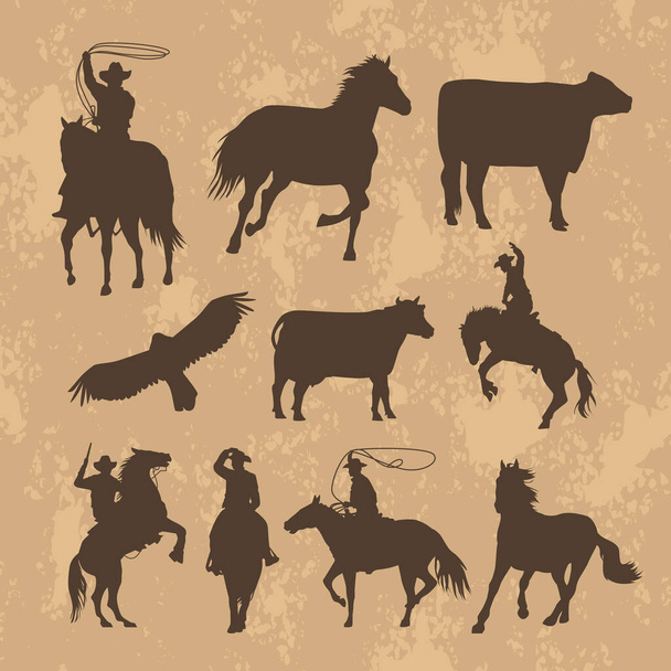 set of cowboys and horses - Vector, imagen
