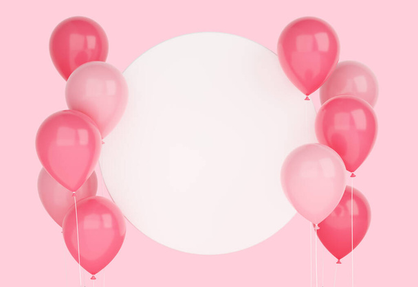 Glossy flying pink balloons with round white banner 3d render illustration. - Foto, imagen