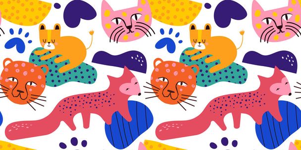 Colorful wild animal drawing seamless pattern. Modern trendy cat shapes with fox and abstract geometric shape background. - ベクター画像