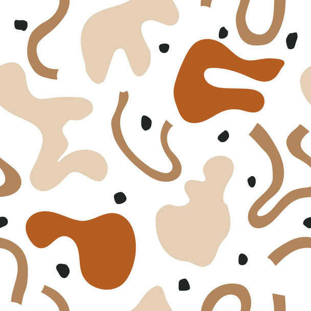 White seamless modern pattern with beige abstract spots and lines - Vektör, Görsel