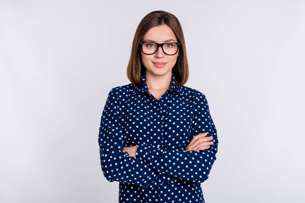 Photo of young charming lady crossed hands manager boss eyewear smart isolated over grey color background - Foto, Imagen