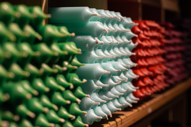 Velas de palo de colores dispuestas en estantes y ordenadas por color en una tienda de velas. - Foto, imagen