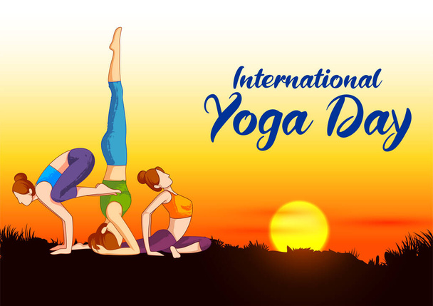 illustration of woman doing asana and meditation practice for International Yoga Day on 21st June - Vector, Image