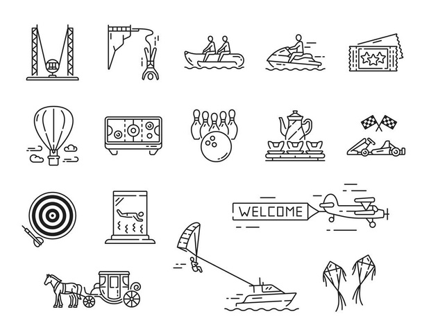 Amusement park, playground and funfair, extreme activity, carousel outline icons. Vector entertainment attractions, isolated hot air balloon, fun fair tickets, horse carriage, kites and boat parachute - Vector, imagen