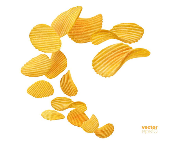 Splash of ripple potato chips, flying snacks for food package. Realistic isolated wavy and ripple ribbed vector potato chips in splash wave for appetizer pack advertising - Vetor, Imagem