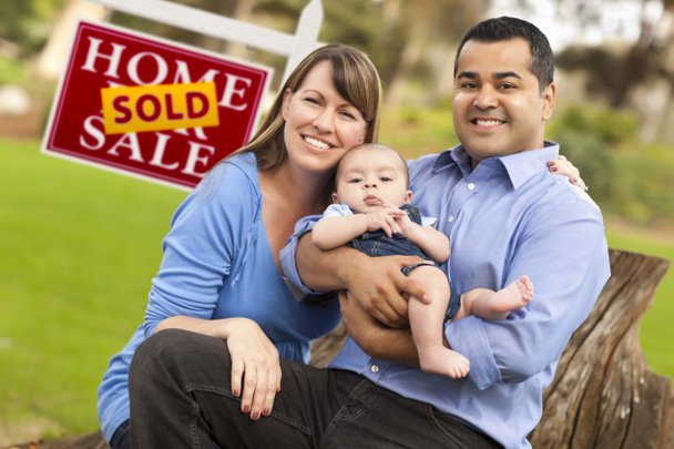 Mixed Race Couple, Baby, Sold Real Estate Sign - Photo, Image