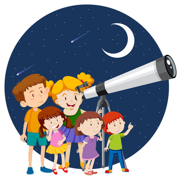 Szczęśliwe dzieci obserwować nocne niebo z teleskopem ilustracji - Wektor, obraz