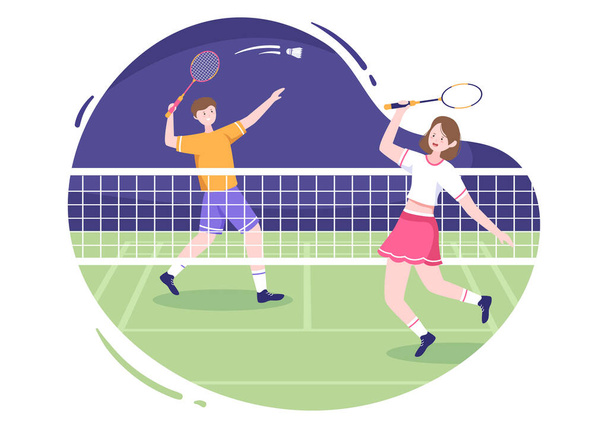 Badminton Player with Shuttle on Court in Flat Style Cartoon Illustration. Happy Playing Sport Game and Leisure Design - Vector, imagen