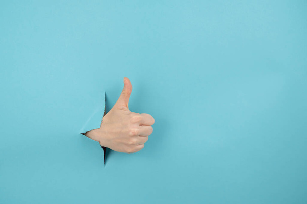 A womans hand sticking out of a hole from a blue background shows a thumbs up.  - Fotografie, Obrázek
