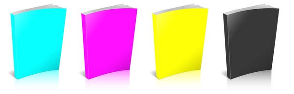 Four CMYK Paperback books blank template red, green and blue for presentation layouts and design. 3D rendering. Digitally Generated Image. Isolated on white background. - Photo, Image