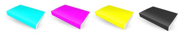 プレゼンテーションレイアウトやデザインのための4つのCMYKペーパーバックの本空白のテンプレート赤、緑と青。3Dレンダリング。デジタル生成画像。白地に隔離された. - 写真・画像