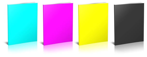 Four CMYK Paperback books blank template red, green and blue for presentation layouts and design. 3D rendering. Digitally Generated Image. Isolated on white background. - Photo, Image