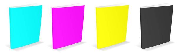 Čtyři CMYK Paperback knihy prázdné šablony červená, zelená a modrá pro prezentaci rozvržení a design. 3D vykreslování. Digitálně generovaný obrázek. Izolováno na bílém pozadí. - Fotografie, Obrázek