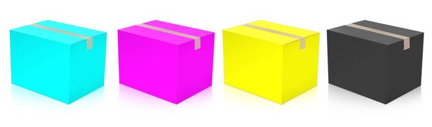 Quattro CMYK Shipping Box modello vuoto rosso, verde e blu per layout di presentazione e design. rendering 3D. Immagine generata digitalmente. Isolato su sfondo bianco. - Foto, immagini