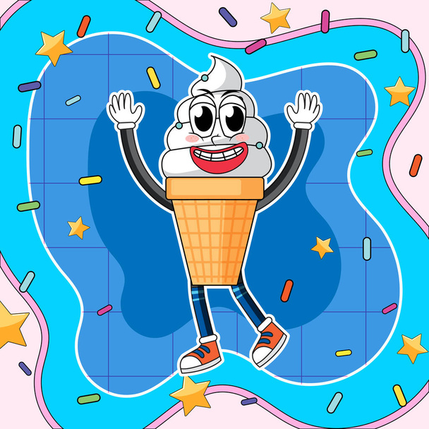 Crème glacée personnage de dessin animé avec illustration de fond rétro - Vecteur, image
