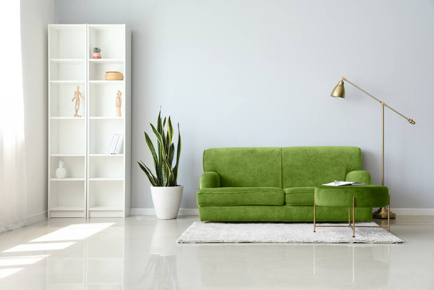 Інтер'єр світлої вітальні з зеленим диваном, стелажами і кімнатним рослиною
 - Фото, зображення