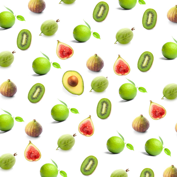 Set of fresh green fruits on white background - 写真・画像