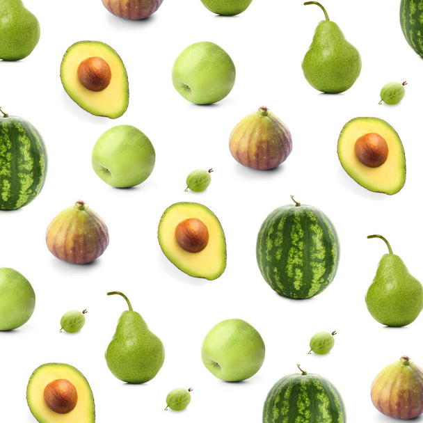 Set of fresh green fruits on white background - Photo, Image