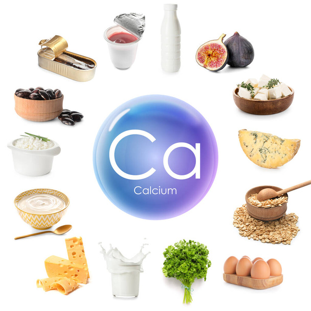 白い背景にカルシウムが豊富な健康的な製品のセット - 写真・画像