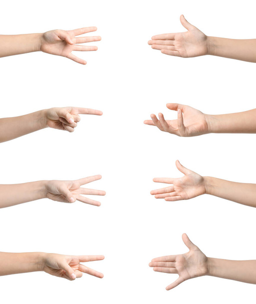 Set of many children's hands showing different gestures on white background - Photo, Image