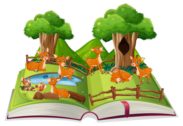 Livro com muitos cervos no parque ilustração - Vetor, Imagem