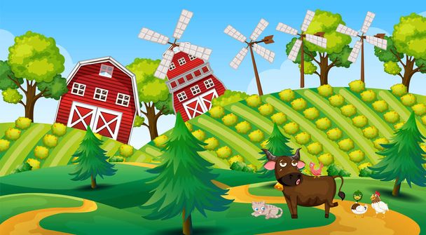 Animals in farm landscape illustration - Вектор,изображение