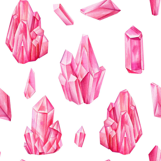 Watercolor Seamless pattern with pink gemstone crystals. Multicolored gems. - Foto, Imagen