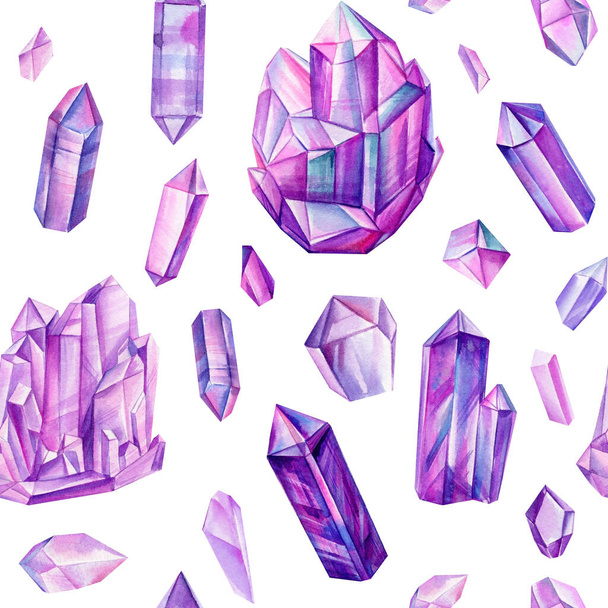 Watercolor Seamless pattern with violet crystals, multicolored gems. - Fotoğraf, Görsel