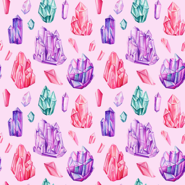 Акварель Безшовний візерунок з барвистими кристалами дорогоцінного каміння. Веселкові різнокольорові дорогоцінні камені. Рожевий фон
 - Фото, зображення