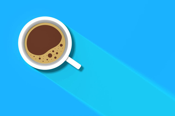 una taza de café blanco sobre fondo azul. sombra larga de la taza. bebida vigorizante. imagen horizontal. Imagen 3D. Renderizado 3D. - Foto, imagen