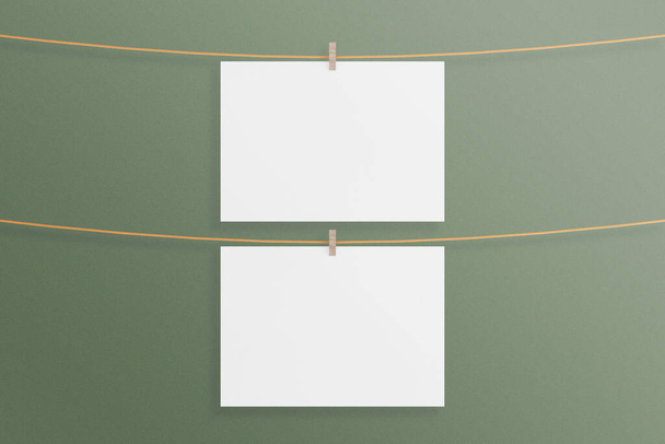 Twin minimalist hanging horizontal canvas poster or photo frame mockup in living room wall. 3D Rendering. - Фото, изображение