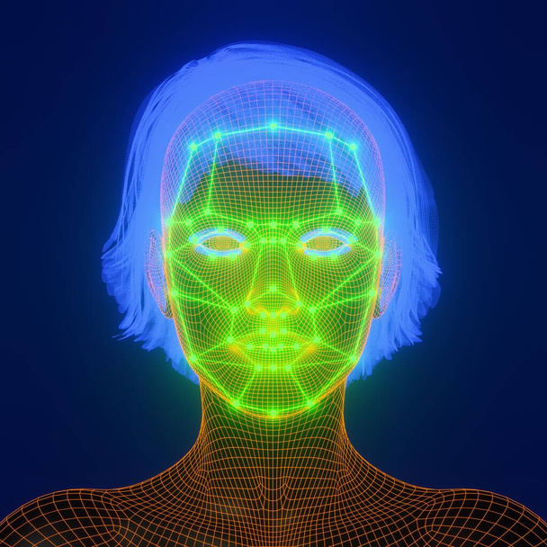 Μάσκα αναγνώρισης προσώπου και 3D προσώπου με εφέ λάμψης σύρματος, τεχνολογία AI βασικά σημεία, 3D rendering - Φωτογραφία, εικόνα