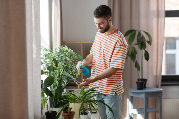 man spraying houseplant with water at home - Fotografie, Obrázek