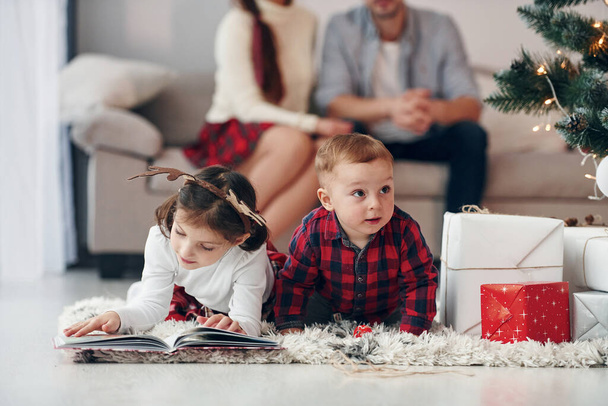 Sister and brother have fun. Beautiful family celebrates New year and christmas indoors at home. - Fotografie, Obrázek