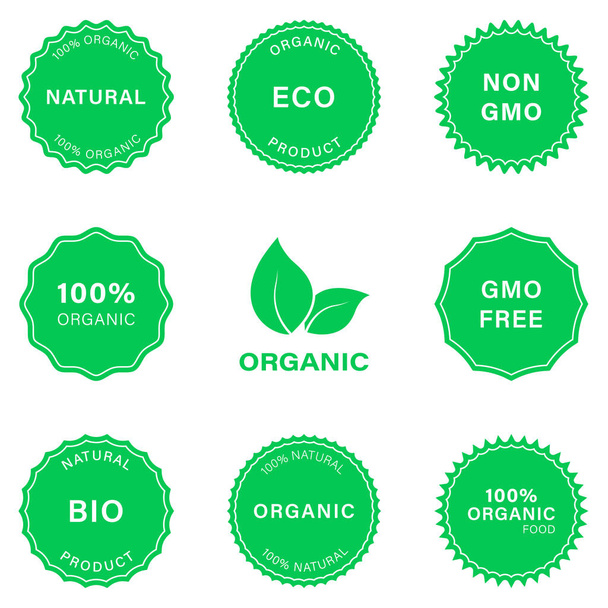 Natural Product Eco Stamp Silhouette Icon Set. Non Gmo Green Badge. Healthy Organic Vegan Food Pictogram. 100 Percent Ecology Product Logo. Bio Sticker. Gmo Free Label. Isolated Vector Illustration - Vector, Image