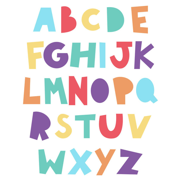 Colourful letters of the English alphabet. Uppercase ABC letters font design of different colours suitable for teaching children and educational kids projects. Isolated vector characters in flat style. - Вектор,изображение