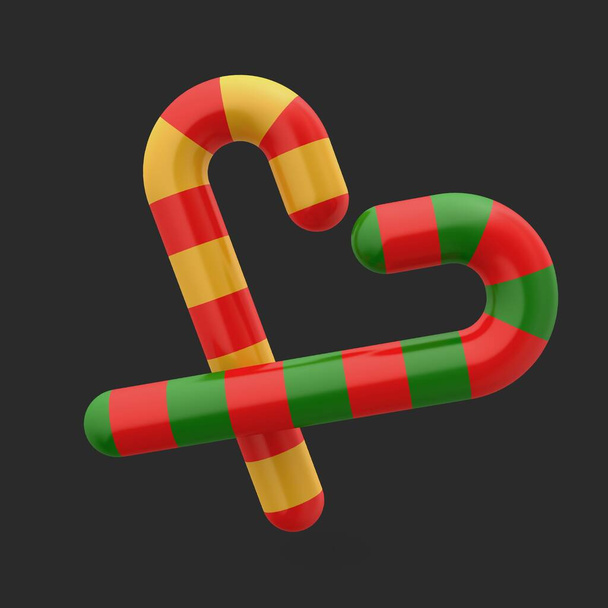 3d icon Christmas candy cane. Realistic illustration of walking stick dessert, lolipops with red and white stripes - Φωτογραφία, εικόνα