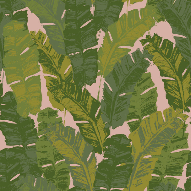 Green grunge tropical banana leaf background. Hand drawn exotic seamless pattern. Natural leaves wallpaper. Vector botanical illustration for summer design, swimwear fabric, textile - Vector, Image