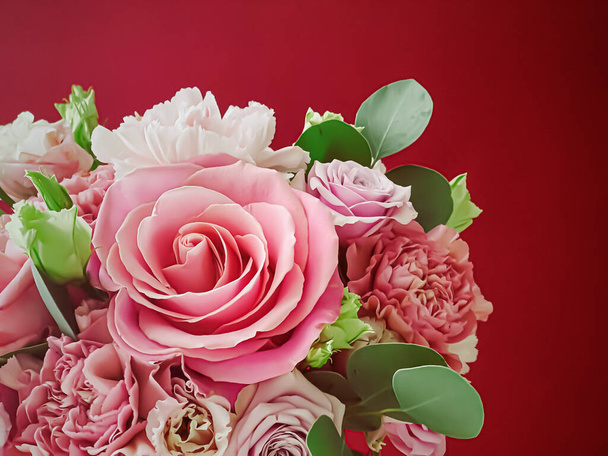 Beautiful bouquet of pink blooming flowers as holiday gift, luxury floral design concept - Fotografie, Obrázek