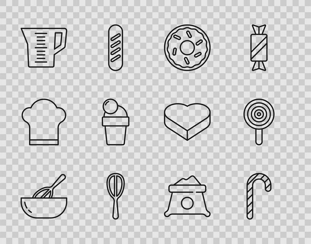 Set line Kitchen whisk and bowl, Christmas candy cane, Donut, Measuring cup, Ice cream, Bag of flour and Lollipop icon. Vector - Wektor, obraz
