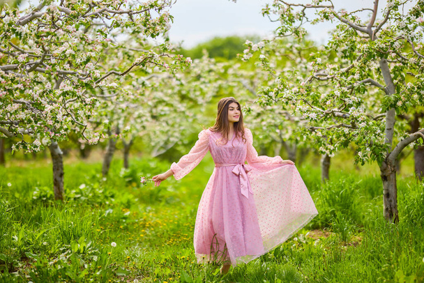 a young woman in a pink dress posing next to a blossoming apple, spring portrait. - 写真・画像