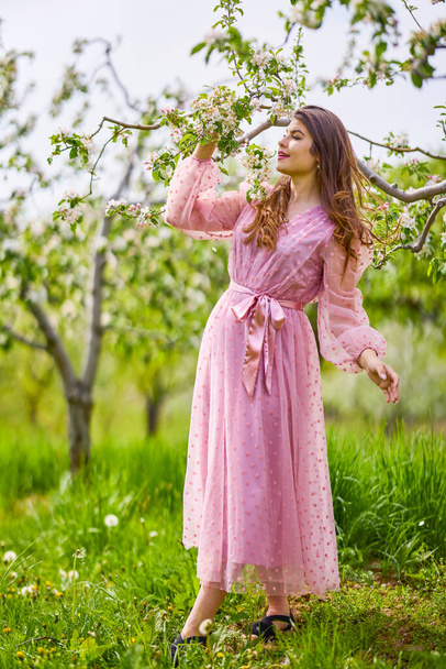 a young woman in a pink dress posing next to a blossoming apple, spring portrait. - Fotoğraf, Görsel