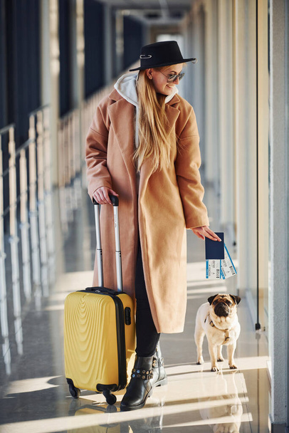 Young female passenger in warm clothes with tickets, her dog and baggage in airport hall. - Фото, изображение